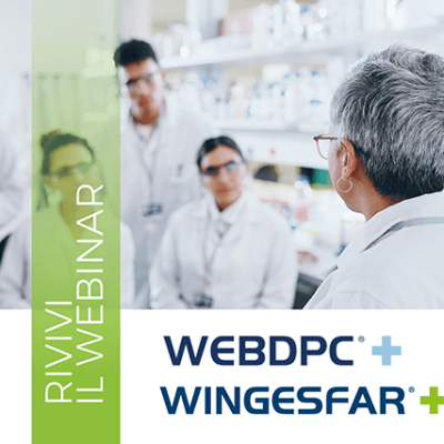 Personale del laboratorio in camice bianco di spalle con l'iscrizione 'Rivivi il Webinar' e i loghi 'WebDPC' e 'Wingesfar'